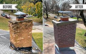 A brick chimney damaged by the freeze-thaw cycle, showing cracks and spalling brickwork. This emphasizes the impact of harsh Minnesota winters on masonry structures.