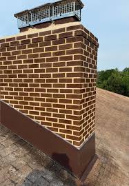 A brick chimney with a metal cap sits on a pitched roof covered in snow - Contact us.