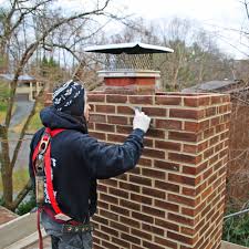 A brick chimney damaged by the freeze-thaw cycle, showing cracks and spalling brickwork. This emphasizes the impact of harsh Minnesota winters on masonry structures.