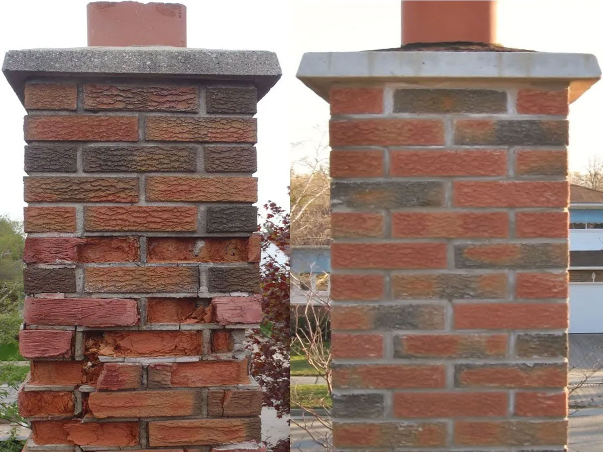 A brick chimney damaged by the freeze-thaw cycle, showing cracks and spalling brickwork. This emphasizes the impact of harsh Minnesota winters on masonry structures.