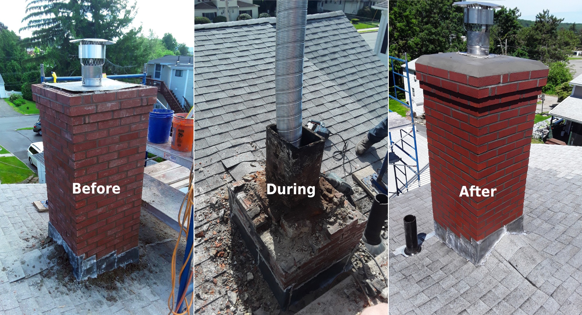 A brick chimney damaged by the freeze-thaw cycle, showing cracks and spalling brickwork. This emphasizes the impact of harsh Minnesota winters on masonry structures.