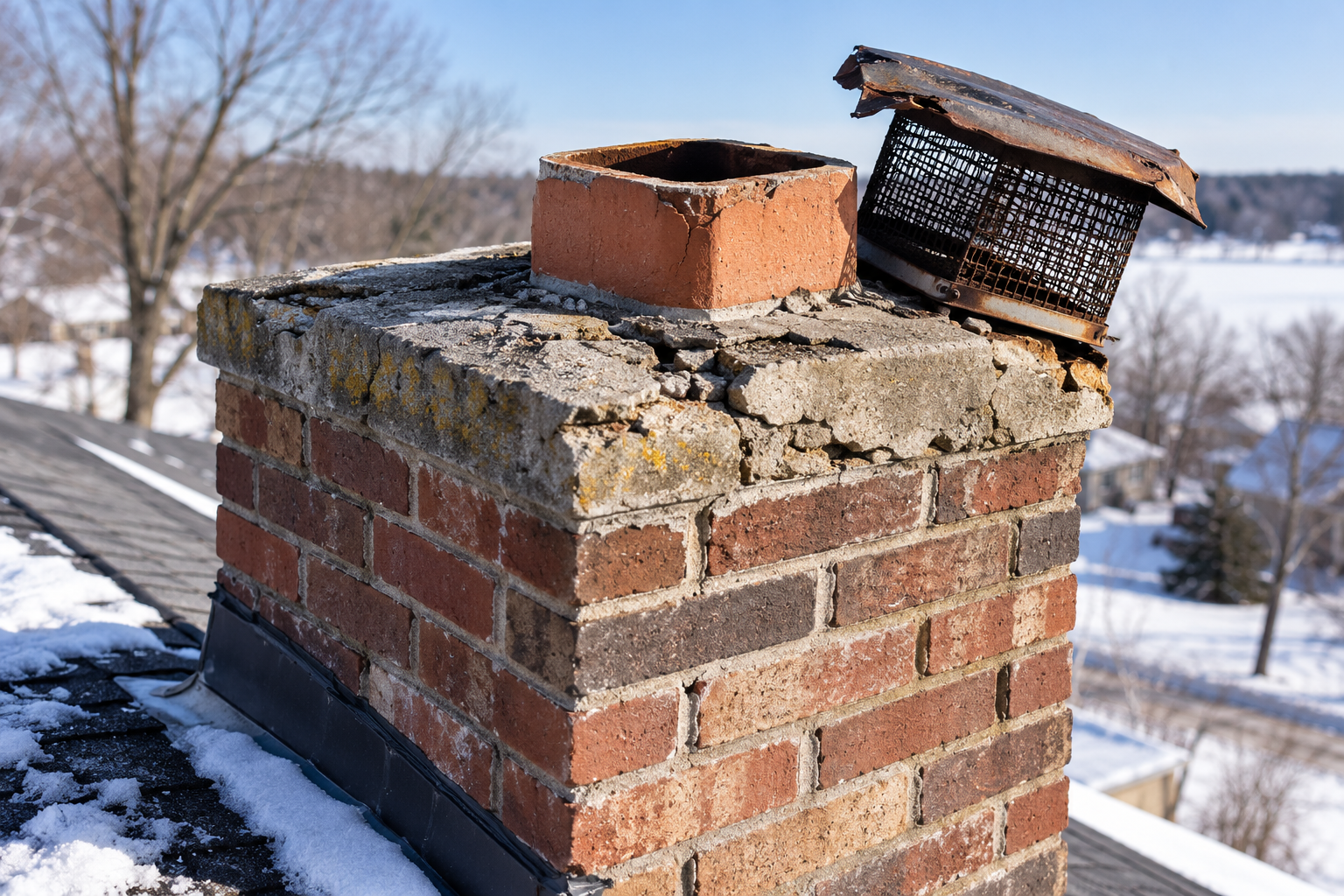 Residential chimney showing damaged or missing cap, demonstrating why chimney cap damage needs professional repair before Minnesota winter season