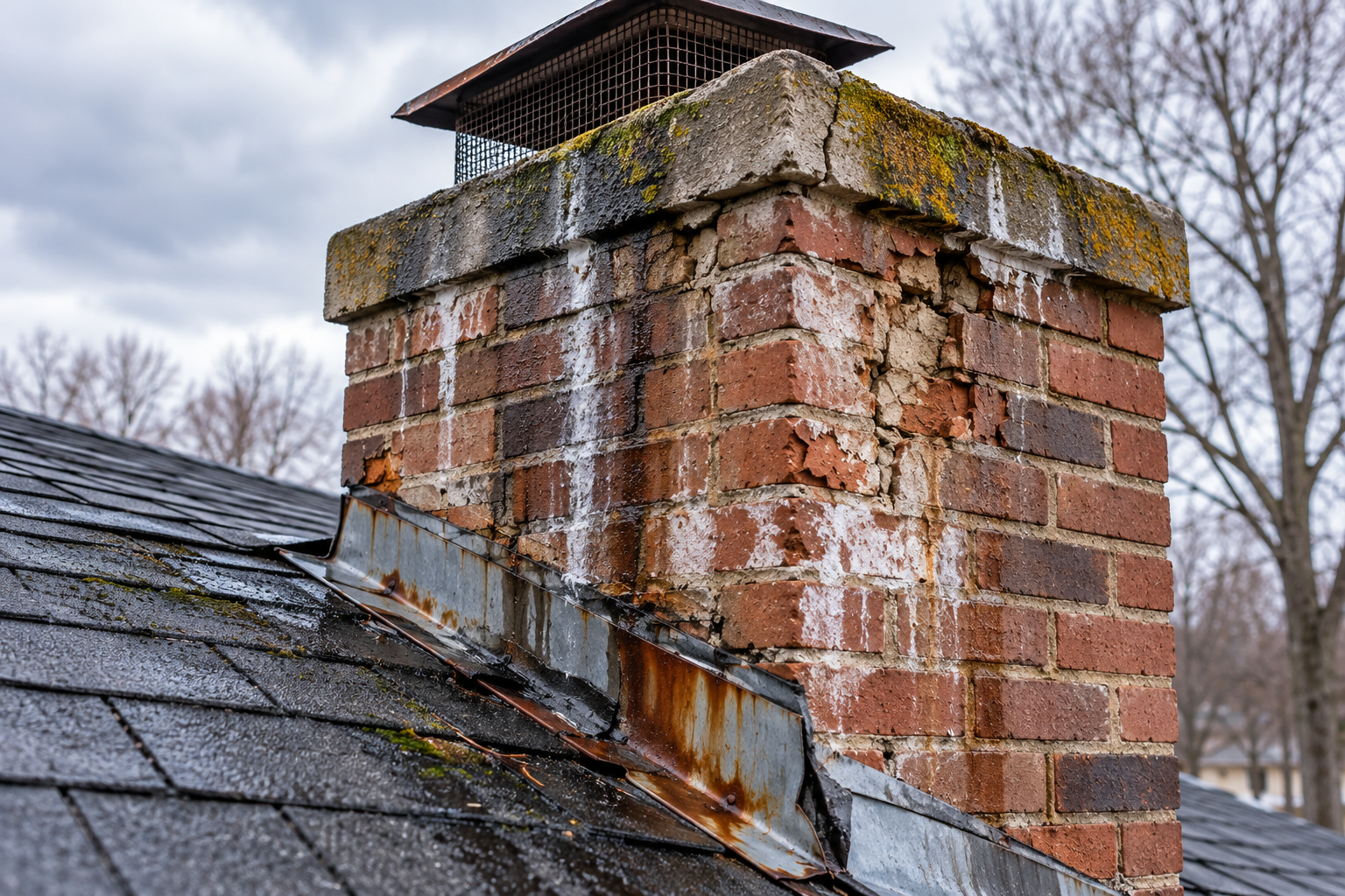 Residential chimney showing water damage signs and moisture intrusion indicators that require professional inspection and repair