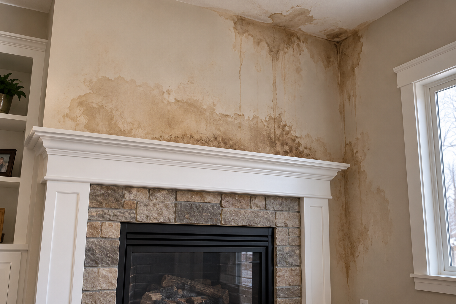 Interior fireplace area showing visible water stains on drywall and walls, demonstrating water intrusion damage that requires professional chimney inspection in Minnesota